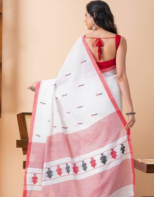 White handloom pure cotton jamdani and tassels saree 2