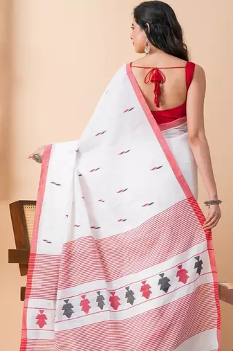 White handloom pure cotton jamdani and tassels saree