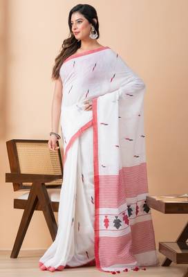 White handloom pure cotton jamdani and tassels saree 1