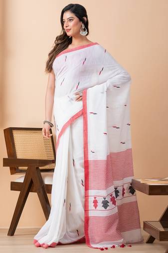 White handloom pure cotton jamdani and tassels saree