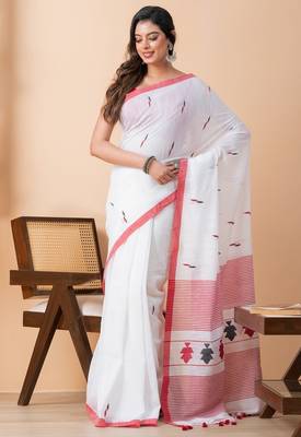 White handloom pure cotton jamdani and tassels saree 3