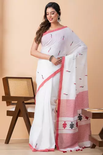 White handloom pure cotton jamdani and tassels saree