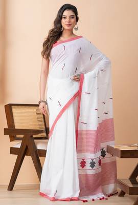White handloom pure cotton jamdani and tassels saree 4