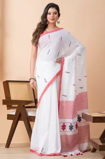 White handloom pure cotton jamdani and tassels saree