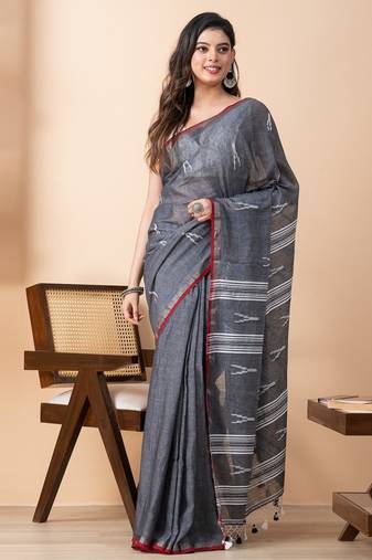 Grey handloom pure cotton jamdani and tassels saree