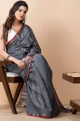 Grey handloom pure cotton jamdani and tassels saree