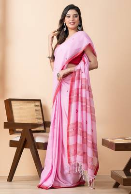 Pink handloom mark pure cotton jamdani saree 3