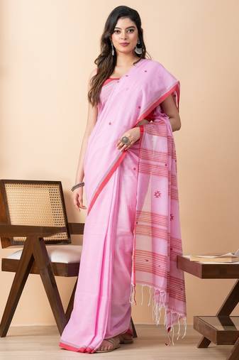 Pink handloom mark pure cotton jamdani saree