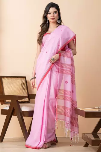 Pink handloom mark pure cotton jamdani saree