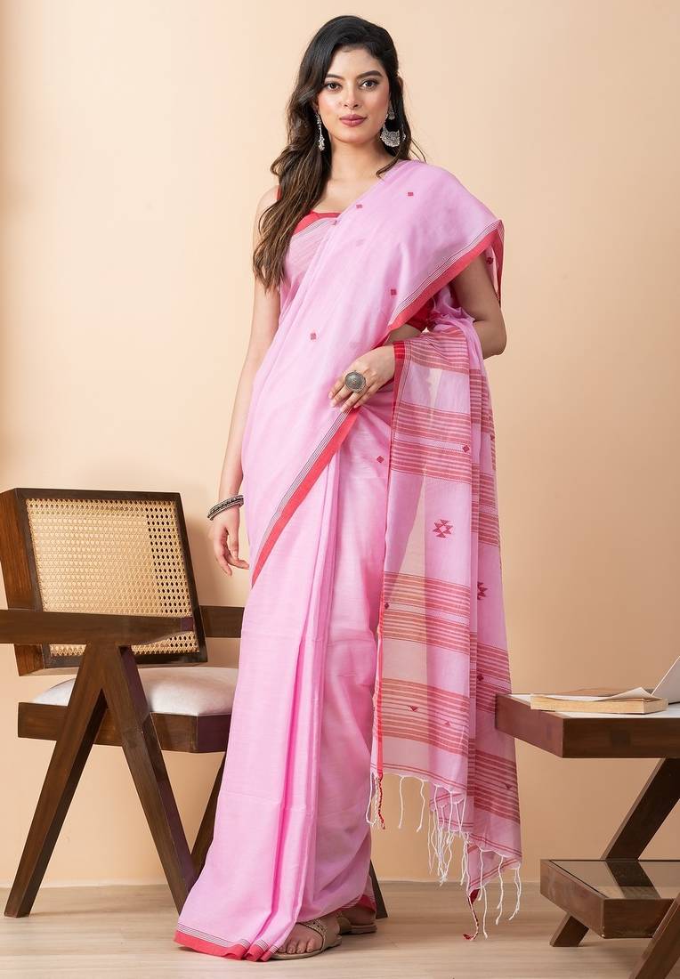 Pink handloom mark pure cotton jamdani saree