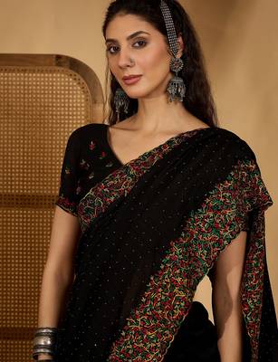 black silk blend chiffon embroidered saree with unstitched blouse 1