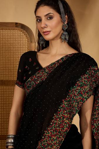 black silk blend chiffon embroidered saree with unstitched blouse
