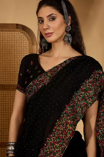 black silk blend chiffon embroidered saree with unstitched blouse