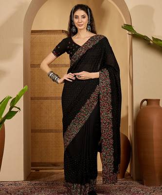 black silk blend chiffon embroidered saree with unstitched blouse 2