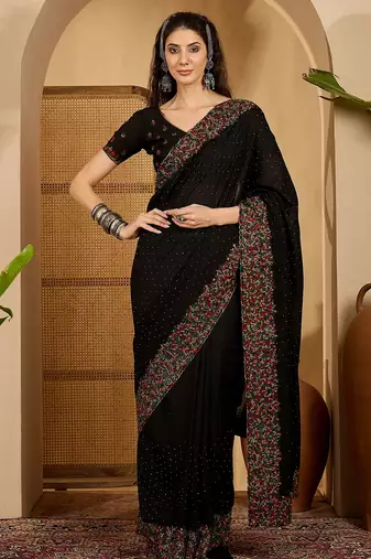black silk blend chiffon embroidered saree with unstitched blouse