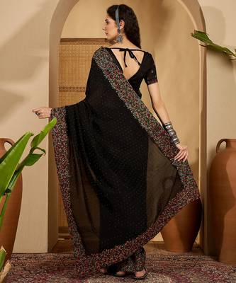 black silk blend chiffon embroidered saree with unstitched blouse 3