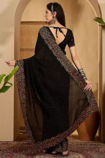 black silk blend chiffon embroidered saree with unstitched blouse
