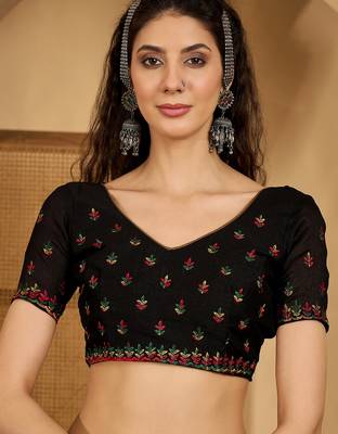 black silk blend chiffon embroidered saree with unstitched blouse 4