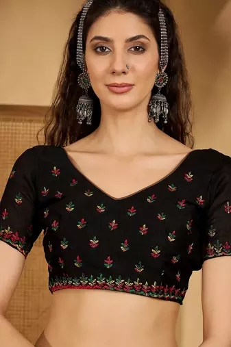 black silk blend chiffon embroidered saree with unstitched blouse