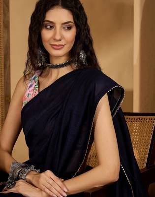 navy blue silk blend chiffon solid saree with unstitched blouse 2