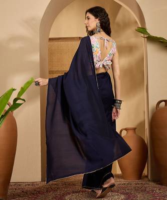 navy blue silk blend chiffon solid saree with unstitched blouse 3