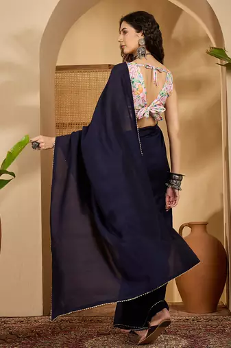 navy blue silk blend chiffon solid saree with unstitched blouse