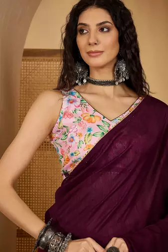 wine silk blend chiffon solid saree with unstitched blouse