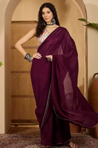 wine silk blend chiffon solid saree with unstitched blouse