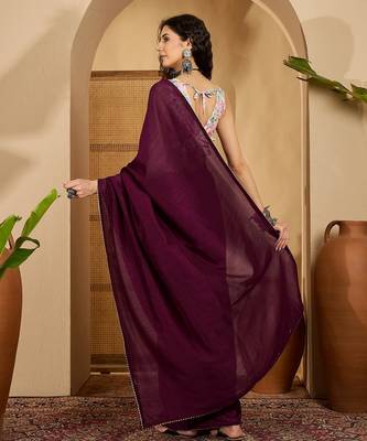 wine silk blend chiffon solid saree with unstitched blouse 3