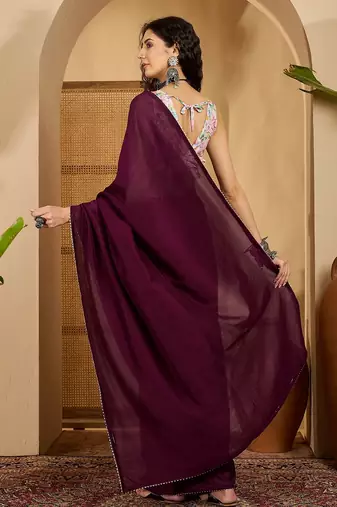 wine silk blend chiffon solid saree with unstitched blouse