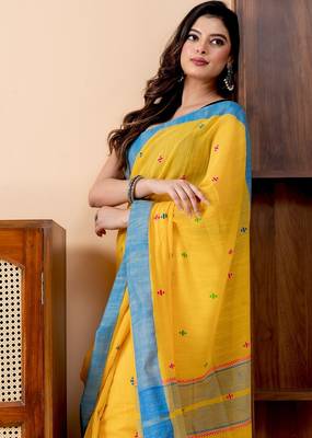 Yellow handloom mark pure cotton jamdani and taseels saree 1