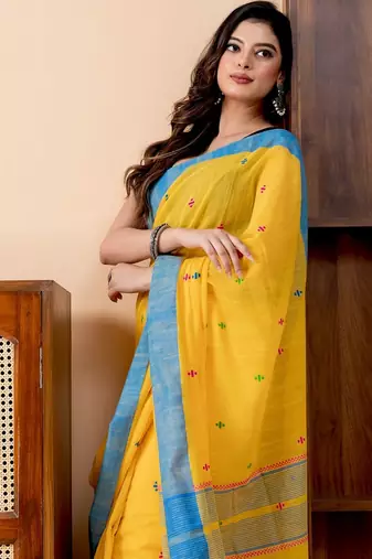 Yellow handloom mark pure cotton jamdani and taseels saree