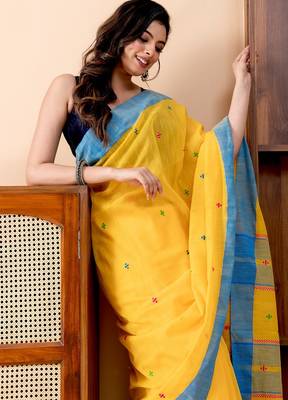 Yellow handloom mark pure cotton jamdani and taseels saree 2