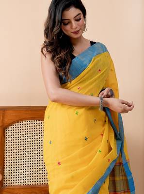 Yellow handloom mark pure cotton jamdani and taseels saree 3