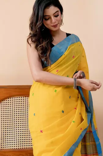 Yellow handloom mark pure cotton jamdani and taseels saree
