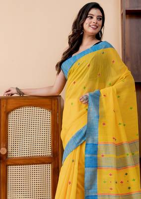 Yellow handloom mark pure cotton jamdani and taseels saree 4