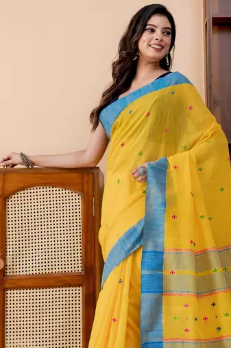 Yellow handloom mark pure cotton jamdani and taseels saree