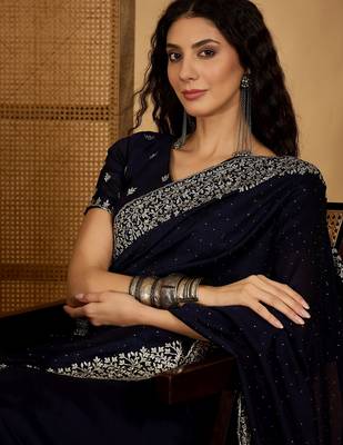navy blue silk blend chiffon embroidered saree with unstitched blouse 1