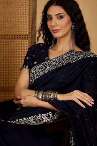 navy blue silk blend chiffon embroidered saree with unstitched blouse