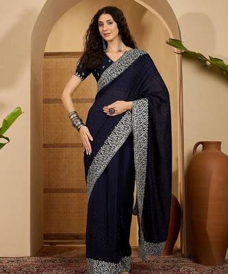 navy blue silk blend chiffon embroidered saree with unstitched blouse 2