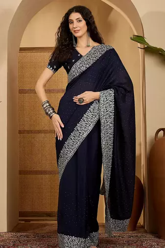 navy blue silk blend chiffon embroidered saree with unstitched blouse