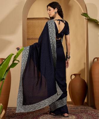 navy blue silk blend chiffon embroidered saree with unstitched blouse 3