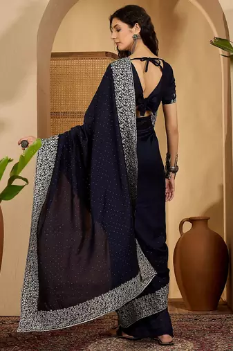 navy blue silk blend chiffon embroidered saree with unstitched blouse