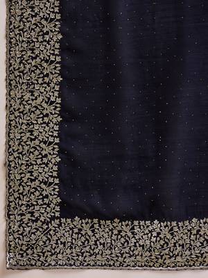 navy blue silk blend chiffon embroidered saree with unstitched blouse 5