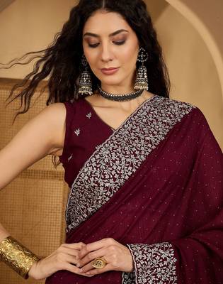 wine silk blend chiffon embroidered saree with unstitched blouse 1