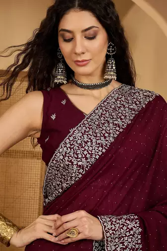 wine silk blend chiffon embroidered saree with unstitched blouse