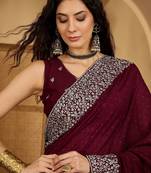 wine silk blend chiffon embroidered saree with unstitched blouse