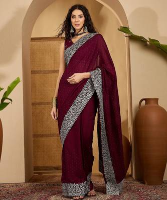 wine silk blend chiffon embroidered saree with unstitched blouse 2