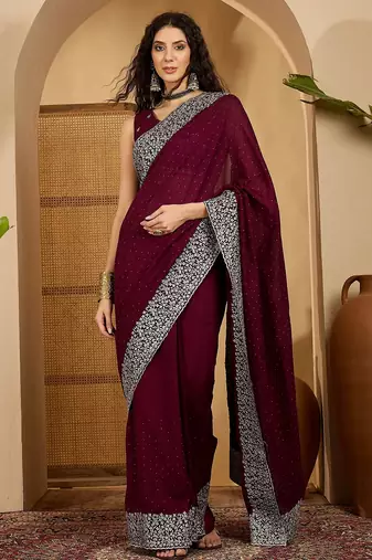 wine silk blend chiffon embroidered saree with unstitched blouse