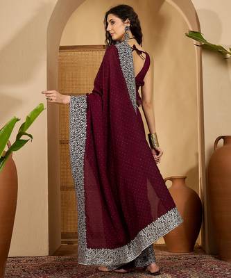 wine silk blend chiffon embroidered saree with unstitched blouse 3